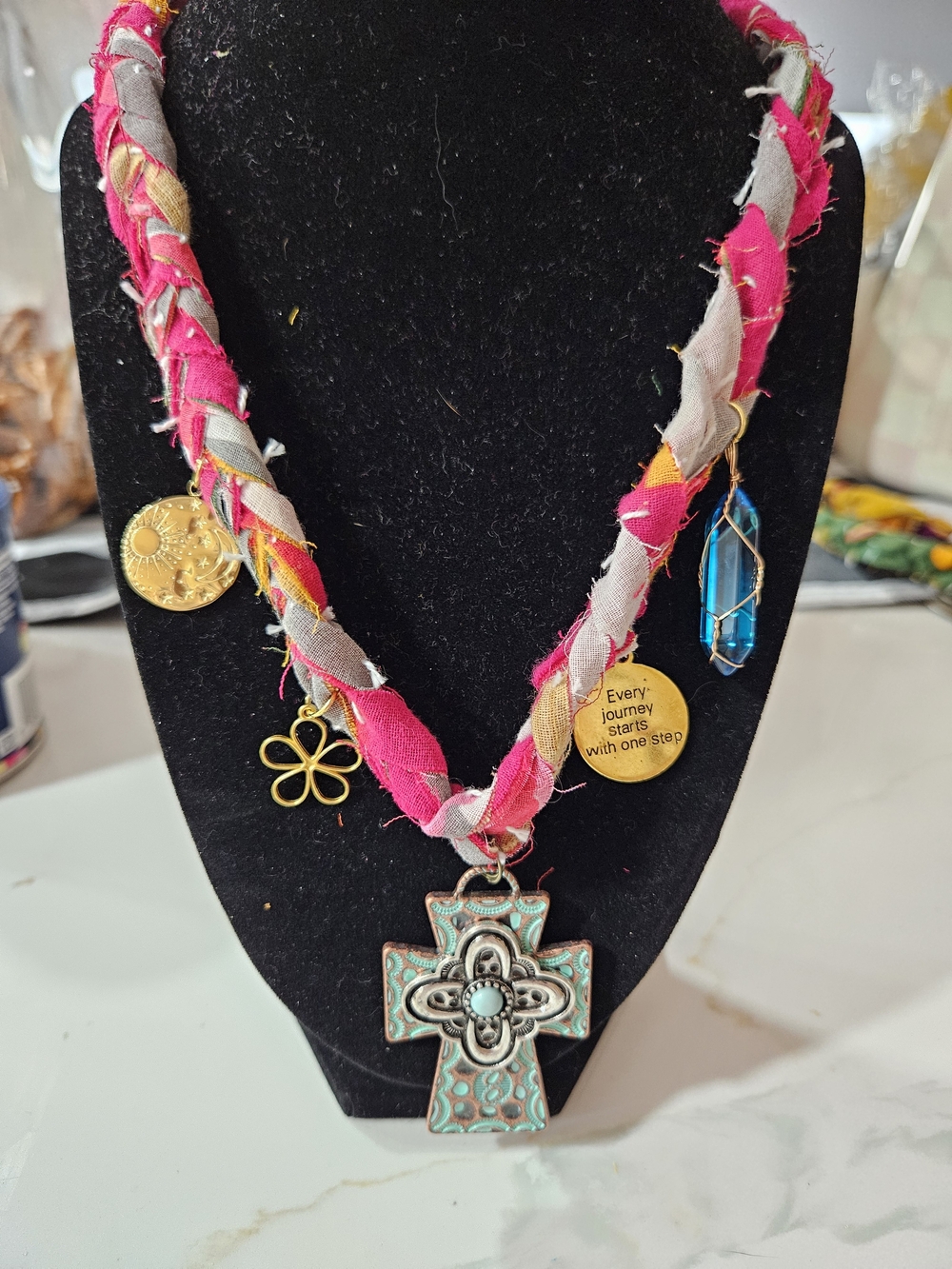 Inspirational Charm Necklace with Blue Crystal Pendant